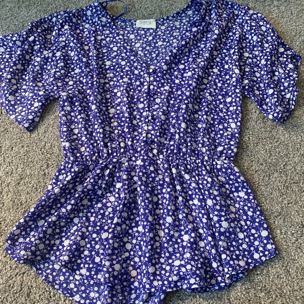 Floral V-Neck Peplum Top in Purple and White - Women's